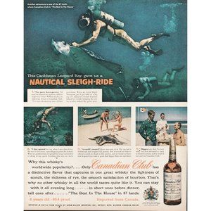 1956 Canadian Club Whisky Vintage Print Ad Scuba Diving Sting Ray Caribbean Art